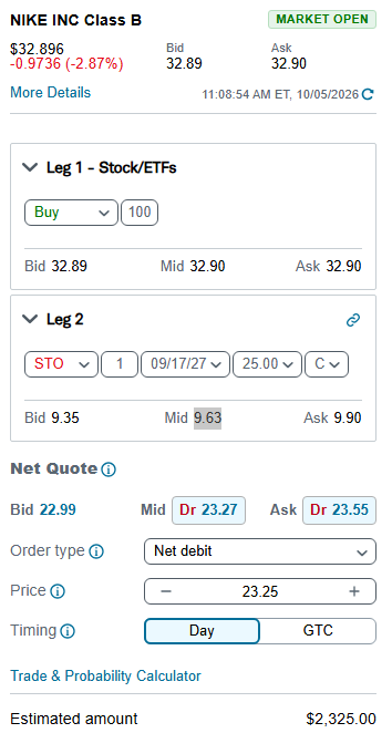 NKE buy-write order ticket