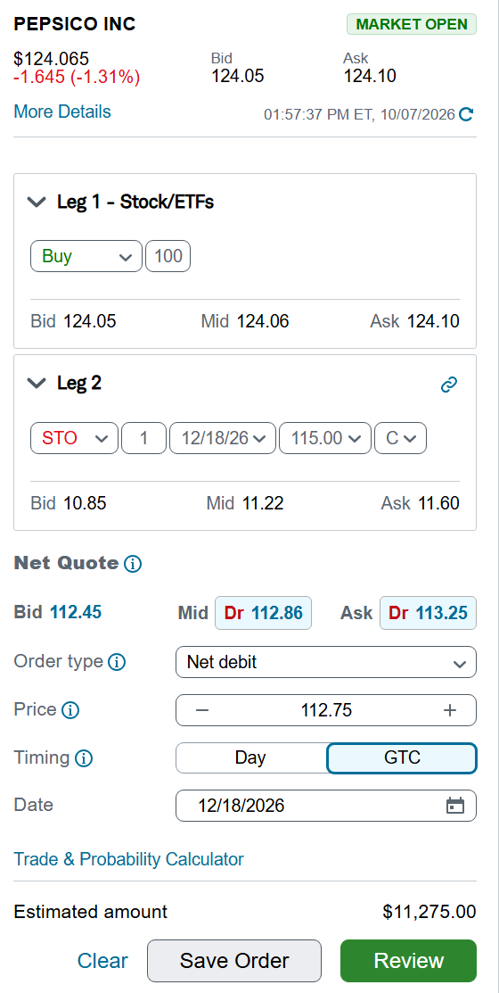 PEP covered call order ticket: buy 100 shares, sell Dec 2026 $115 call, $112.75 net debit