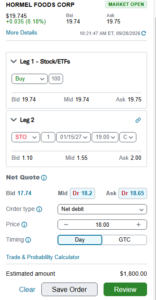 Trading interface for Hormel Foods Corp showing a two‑leg order: Leg 1 Buy 100 at bid 19.74, Leg 2 stop order at 19.00; Net Quote: Bid 17.74, Mid 18.2, Ask 18.65; Estimated amount $1,800; Save Order and Review buttons.