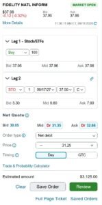 Fidelity quote/order entry: Leg1 Buy 100 shares at bid/ask 37.95-37.96; Leg2 Stop 1 @ 37.50 (date 09/17/27); Net quote Bid 30.05, Mid 31.35, Ask 32.66; Market Open.