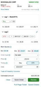 MCD covered call order ticket