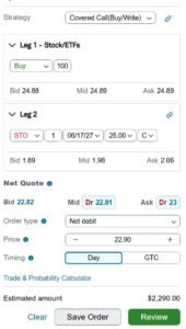 PFE covered call order ticket