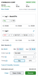 Starbucks Corp trading panel: stock quote with Bid 98.86, Mid 98.88, Ask 98.89; Net Quote shows Bid 86.01, Mid 86.43, Ask 86.84; order sections for Leg 1 and Leg 2, trade type options, and Save Order/Review buttons.