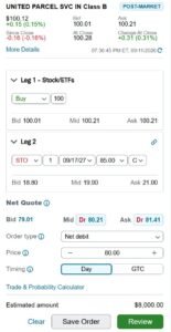 Stock trading panel for UNITED PARCEL SVC IN Class B showing last price $100.12 up 0.15, bid 100.01, ask 100.21, change since close -0.16/ +0.31 at close 100.28.