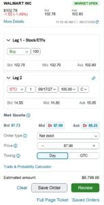 WMT covered call order ticket