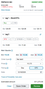 PEP covered call order ticket: buy 100 shares, sell Dec 2026 $115 call, $112.75 net debit
